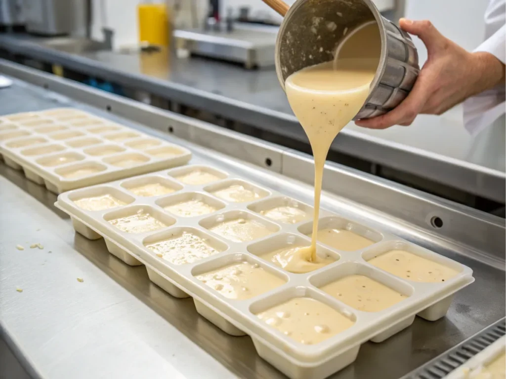 Ice cream mixture being poured into molds.