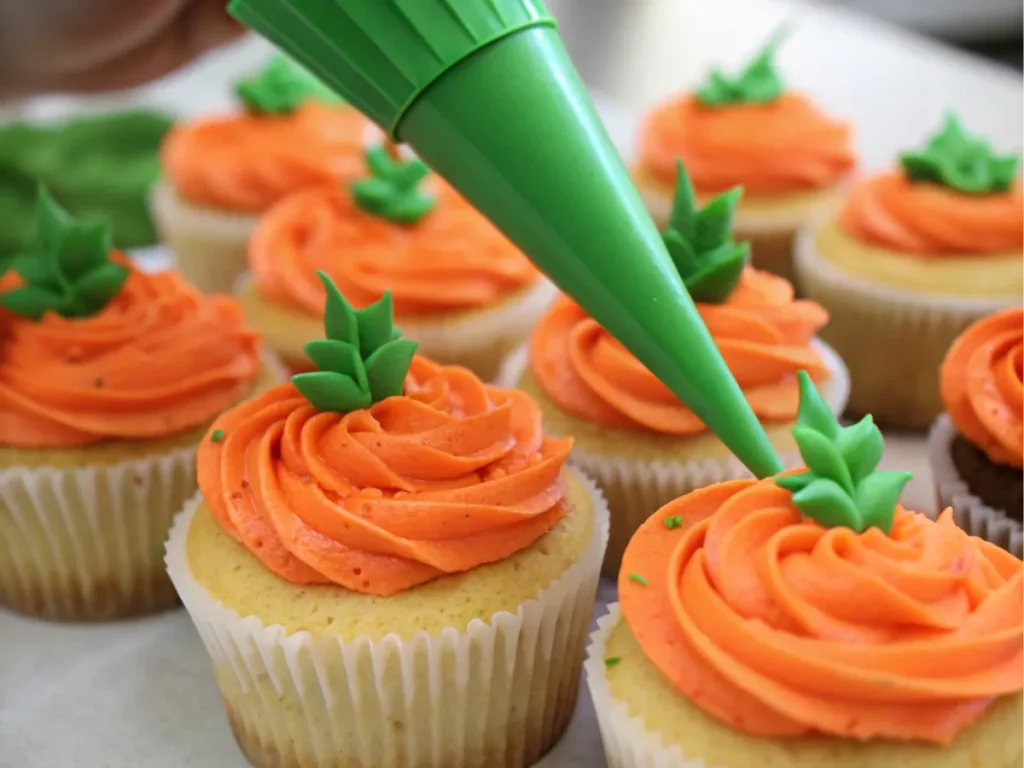 Fondant stems on frosted cupcakes for a pumpkin effect.