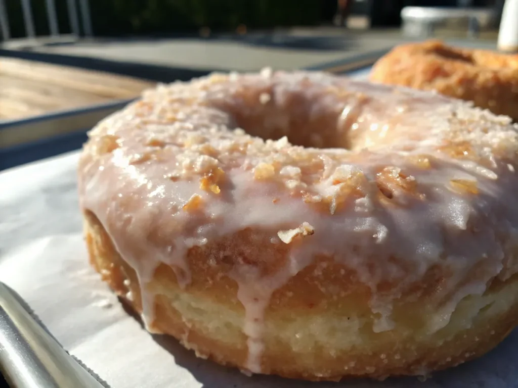 A close-up of the fluffy texture and shiny glaze of a baked treat.