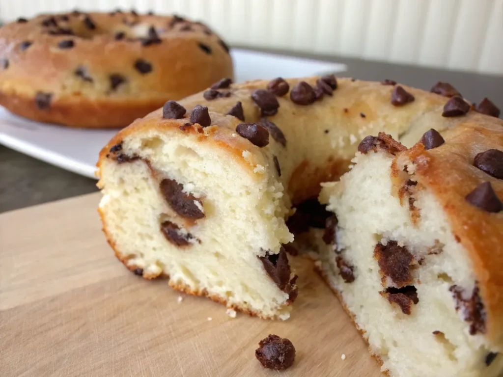 Cross-section of a fluffy treat with chocolate chips.