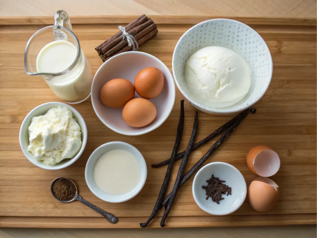 Milk, eggs, sugar, and vanilla pods neatly arranged on a wooden countertop.