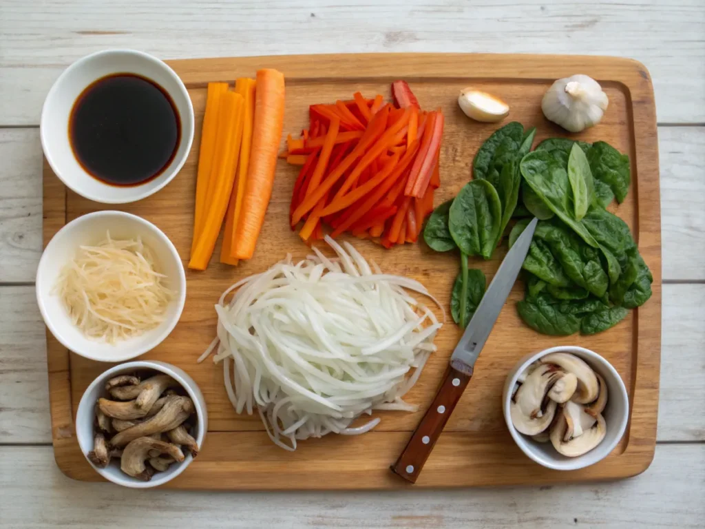 A top-down view of keto japchae ingredients, including shirataki noodles, vegetables, and sauces, on a wooden cutting board.