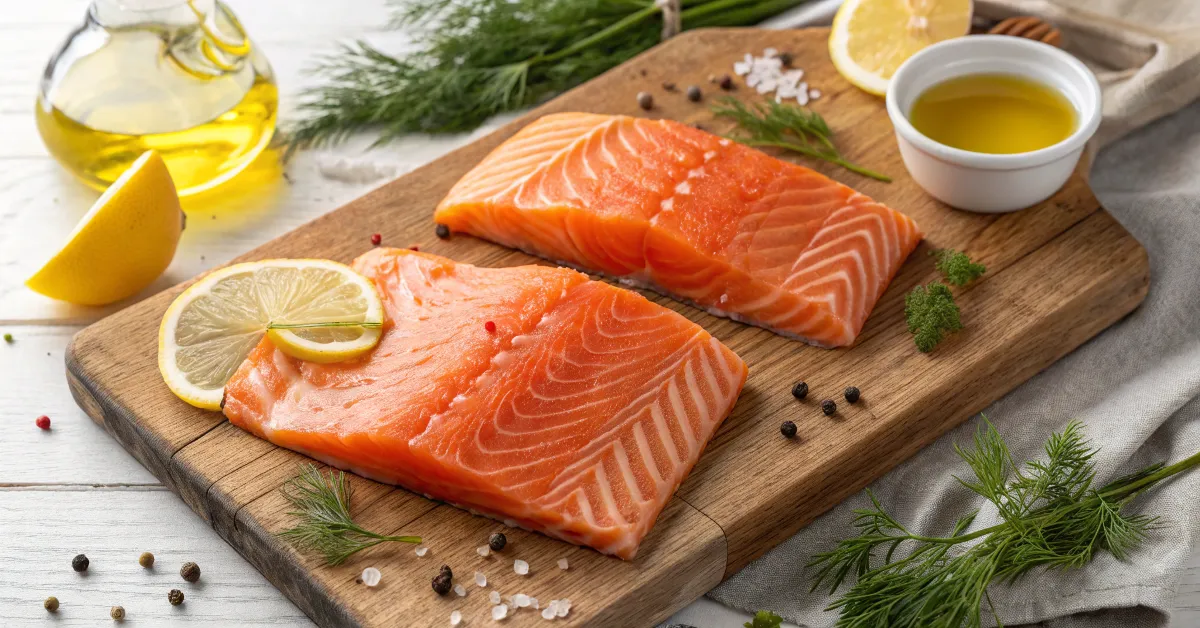 Fresh keta salmon fillets on a wooden cutting board with lemon slices and dill.