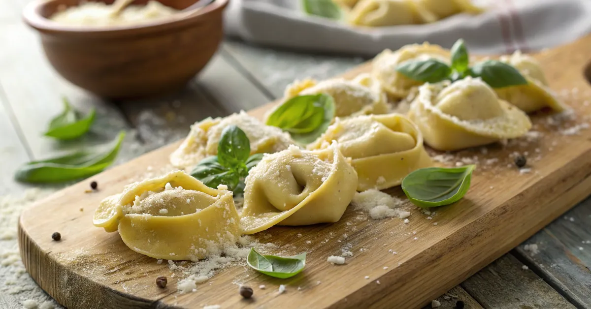 A close-up of freshly prepared tortellini on a wooden board with basil and Parmesan.