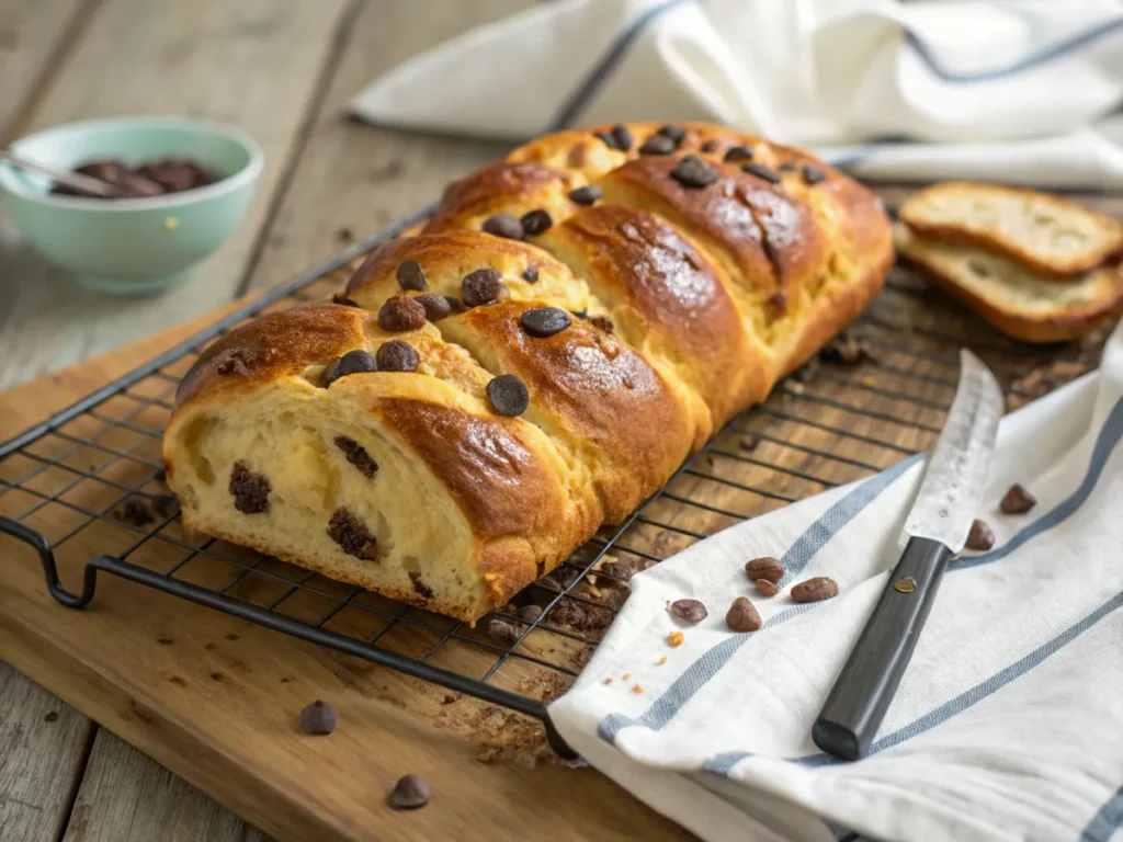 A golden-brown braided chocolate chip brioche resting on a cooling rack with a few chocolate chips visible.