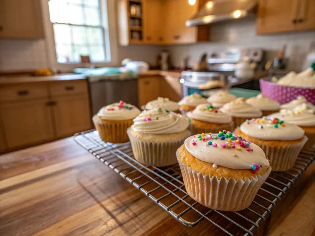 Cupcakes cooling on a wire rack in a cozy kitchen.