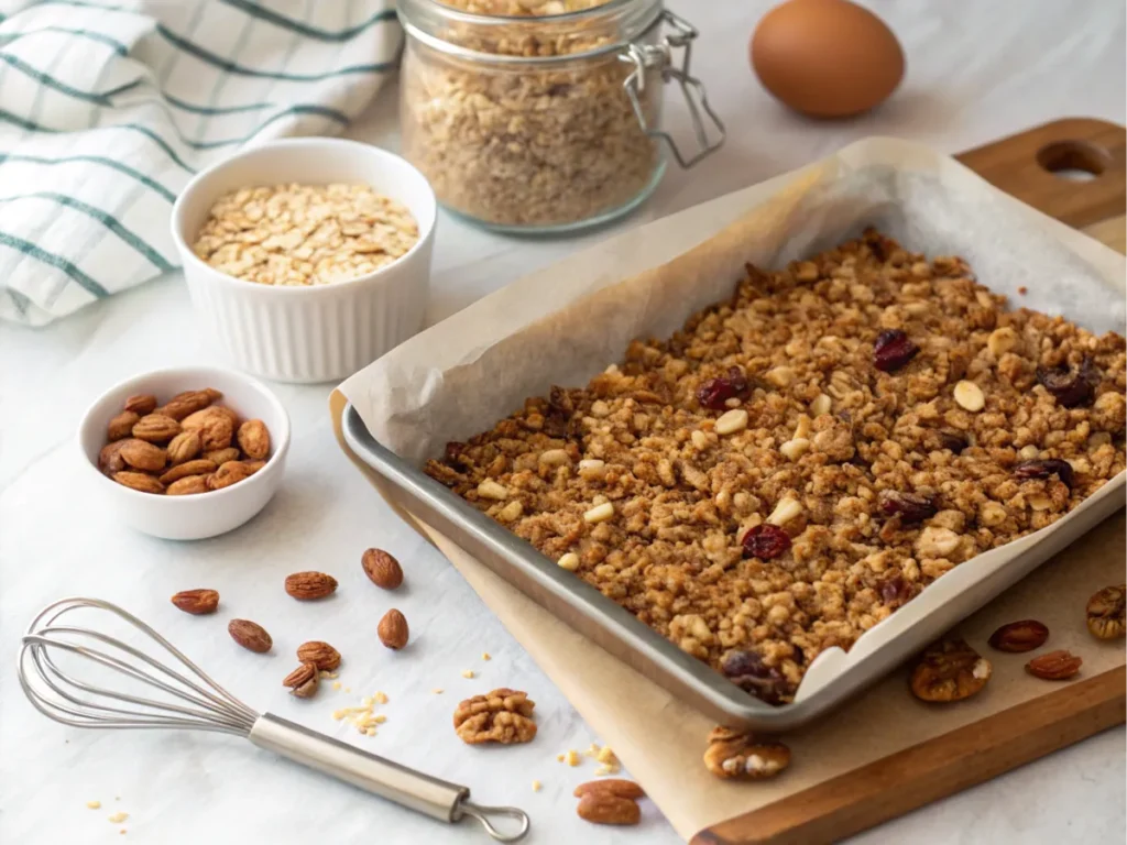 Baking tray with fresh granola and surrounding ingredients.