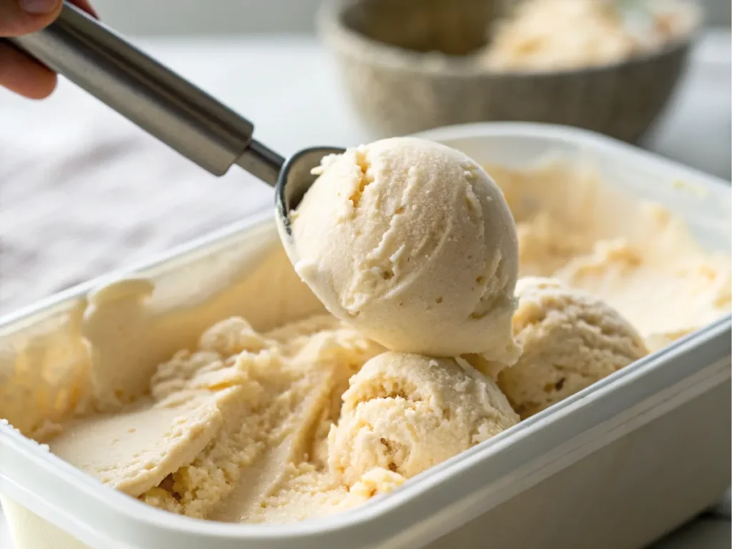 Creamy homemade dessert being served from a container.