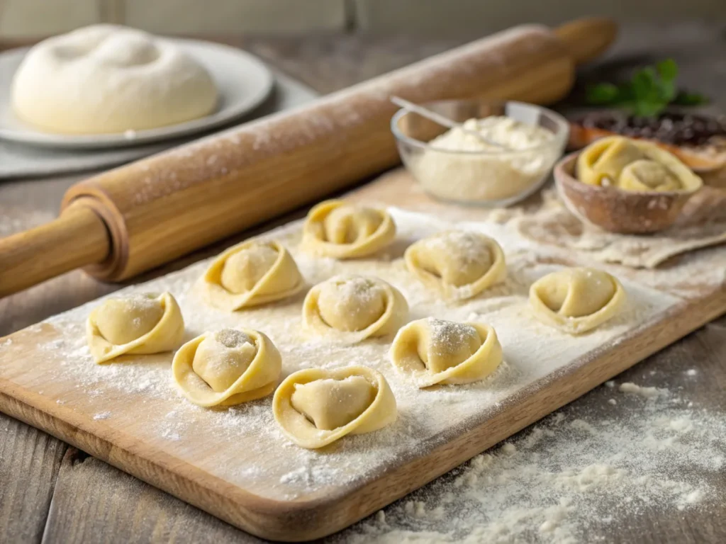 Uncooked tortellini on a floured wooden board with dough and tools.