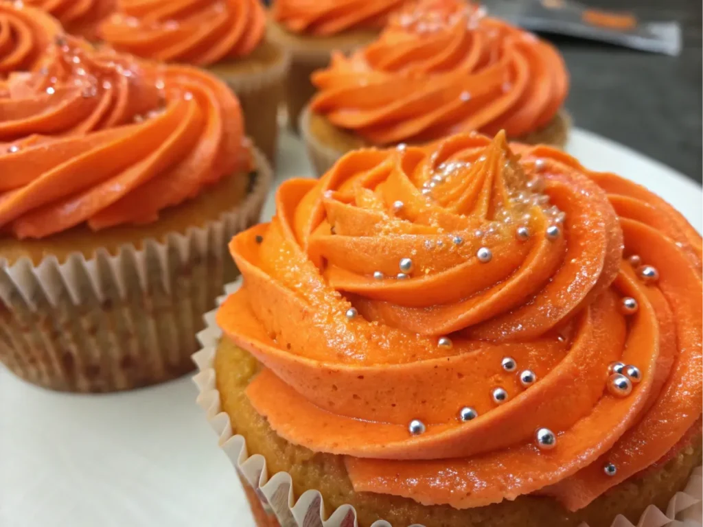 Detailed view of orange frosting on a cupcake.