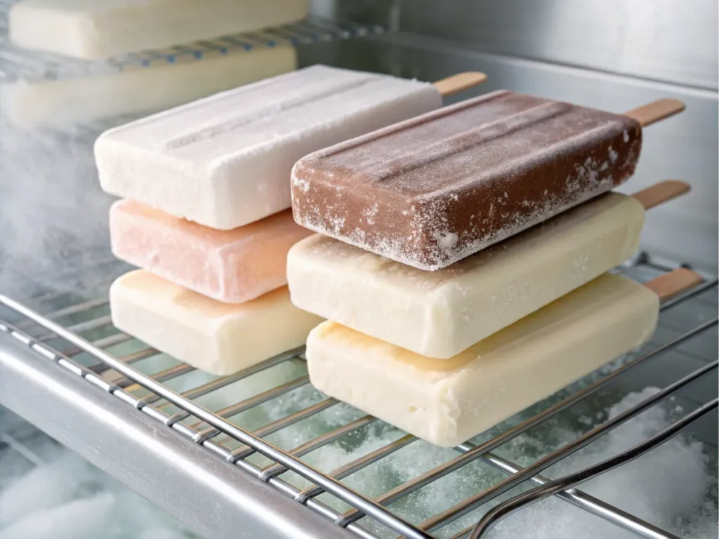 Frozen keto ice cream bars stacked on a cooling rack.