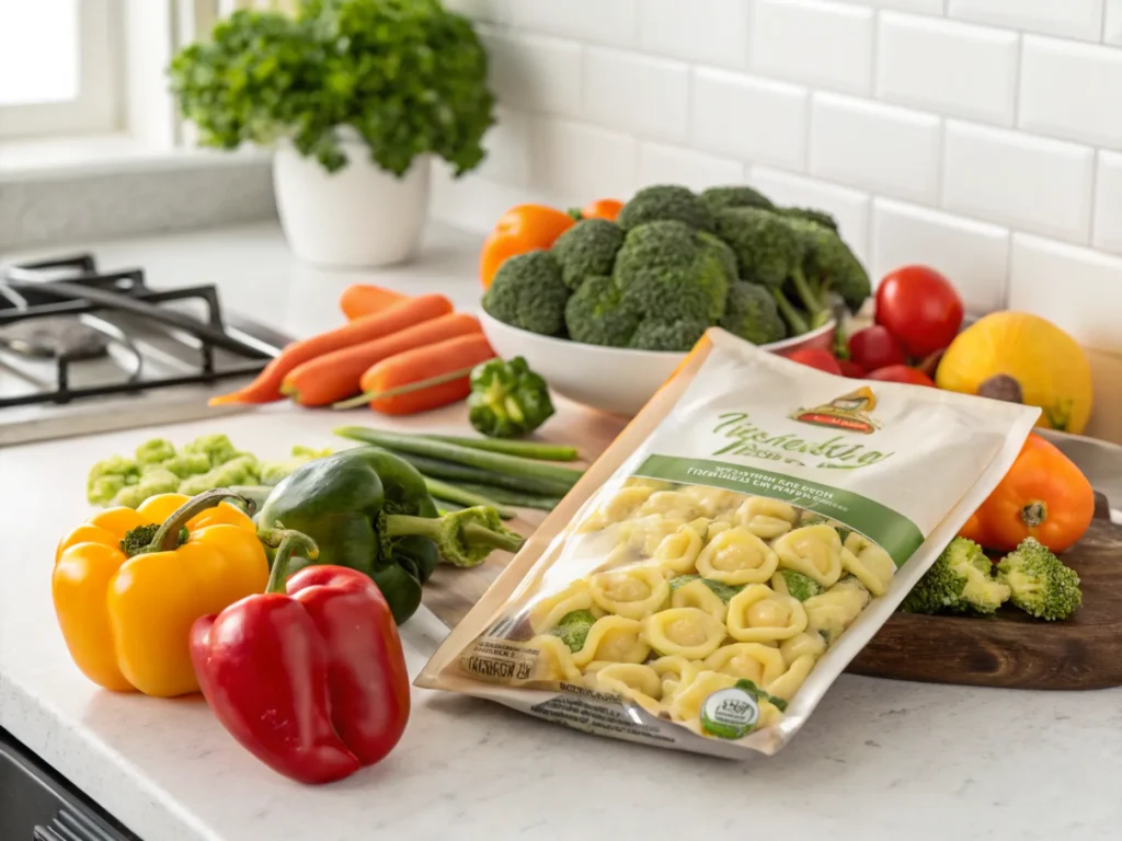 Unopened pasta package on a counter surrounded by fresh vegetables.