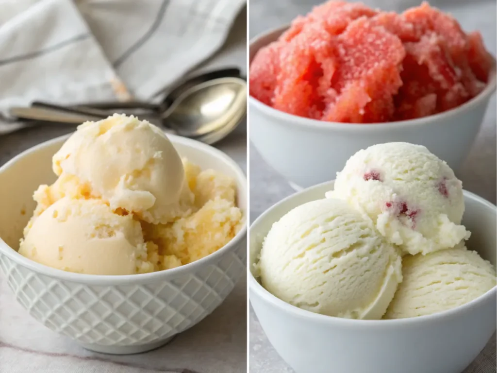 Two frozen desserts displayed side by side, one dense and the other grainy.