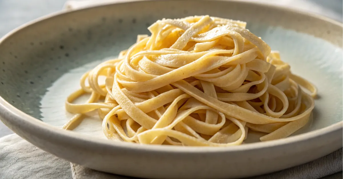 A close-up of gluten-free egg noodles, plated with vibrant natural lighting.