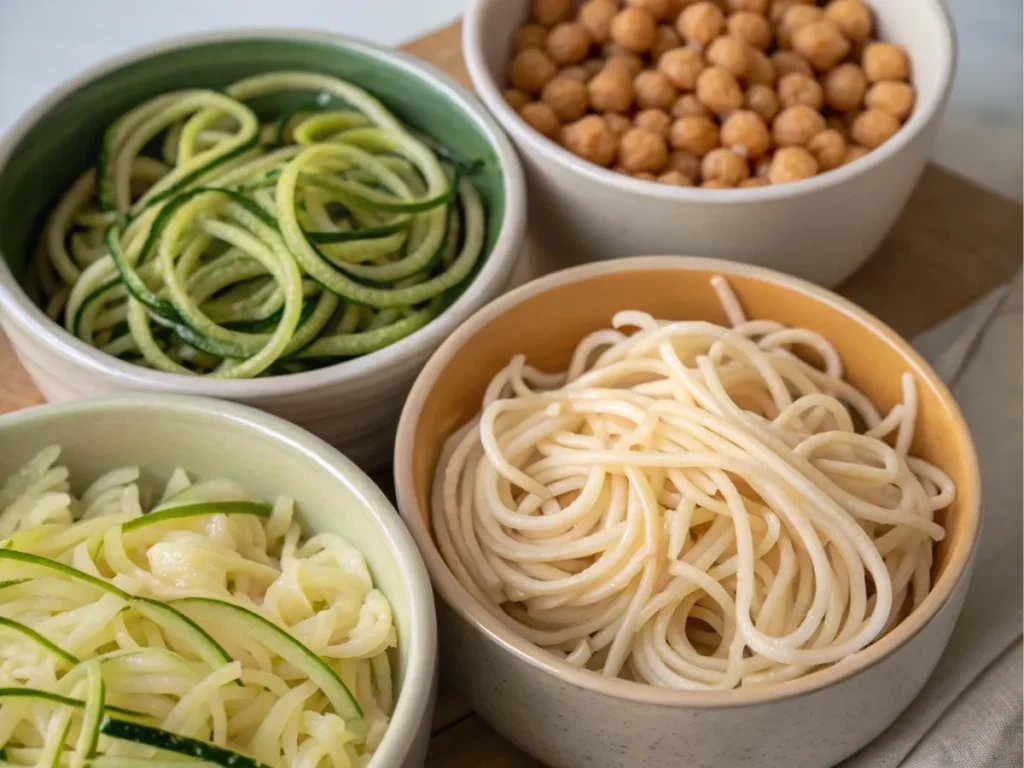 A variety of alternatives like zucchini spirals and rice-based options.