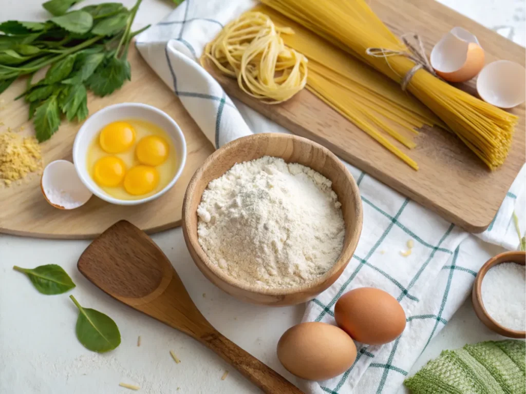 Ingredients for gluten-free egg noodles displayed artistically.