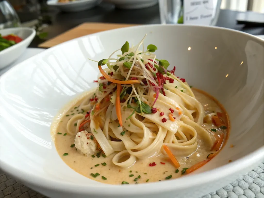 A plated dish of noodles topped with creamy sauce and garnishes.