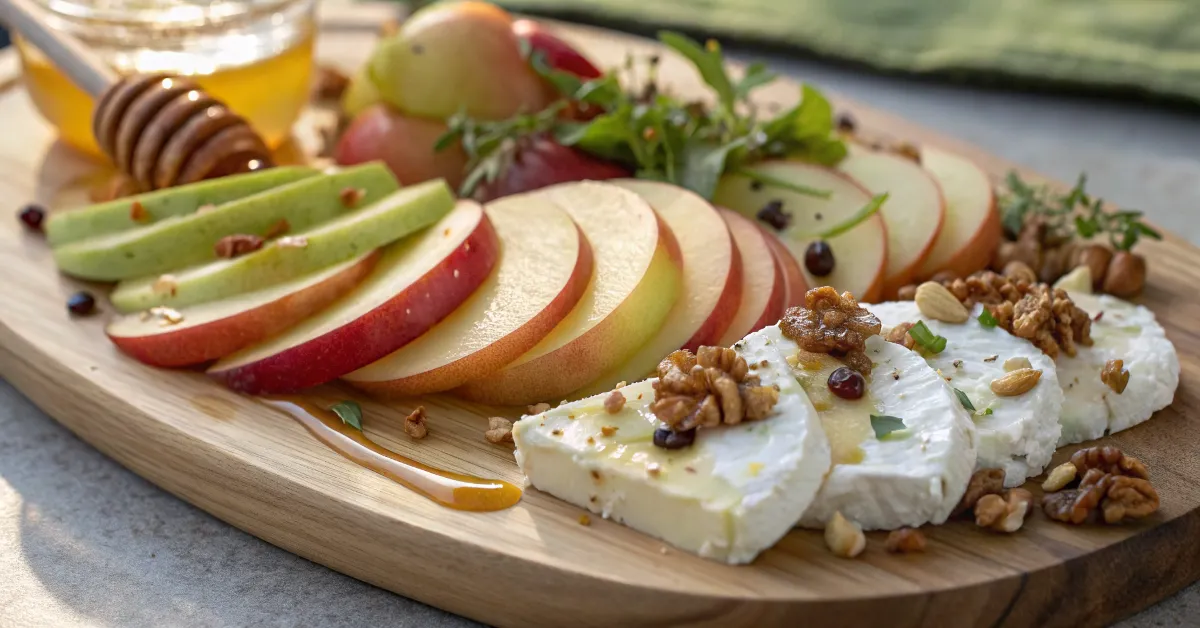 A platter of goat cheese and apple slices garnished with honey and nuts.