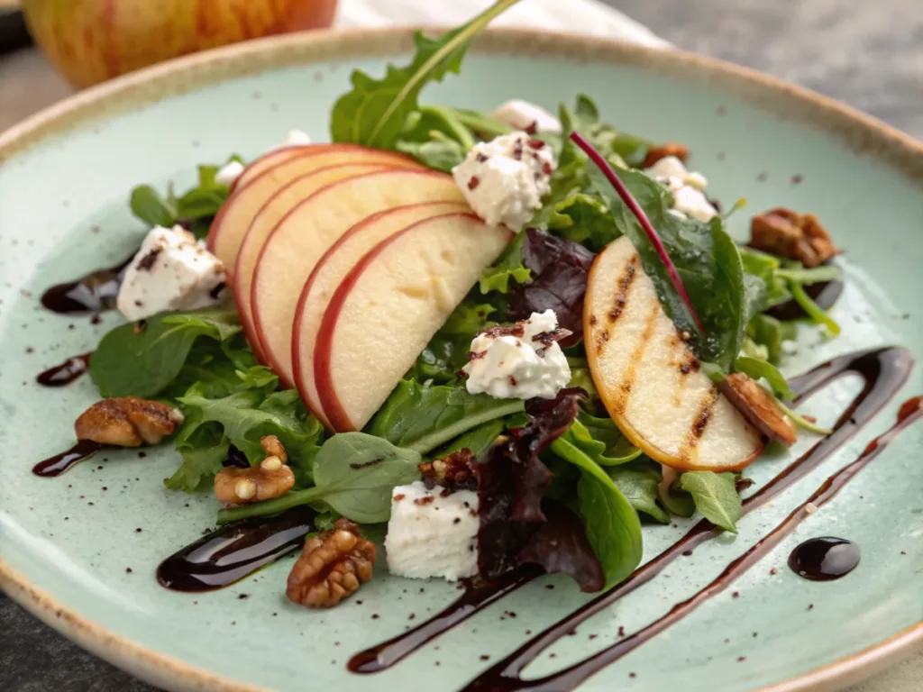 A vibrant salad featuring apple slices and goat cheese.