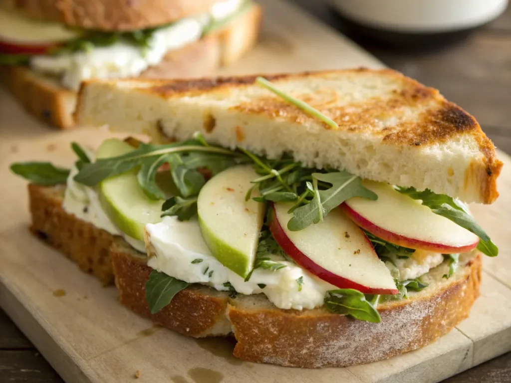 A sandwich with sliced fruit, greens, and creamy spread on toasted bread.