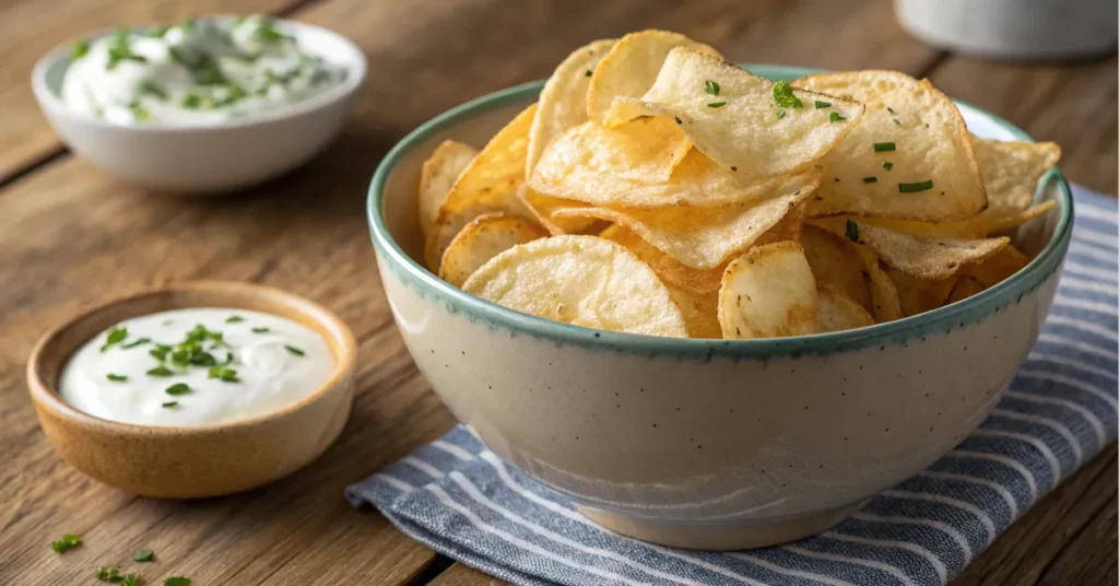 A bowl of sour cream and onion chips with golden hues and crispy edges, set on a rustic wooden table.