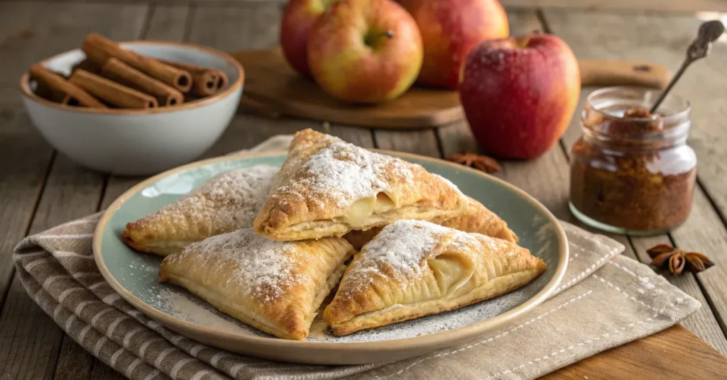 Golden apple turnovers dusted with powdered sugar on a wooden table.