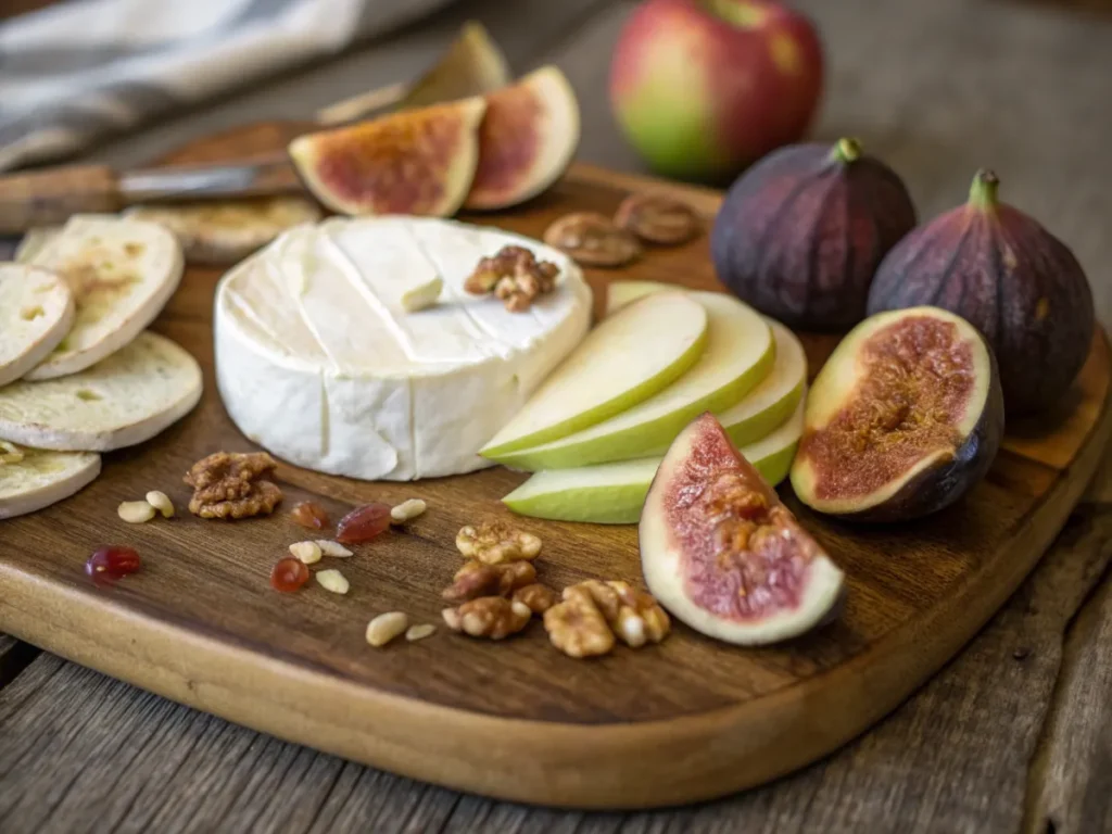 A rustic cheeseboard featuring fruit, nuts, and spread arranged beautifully.