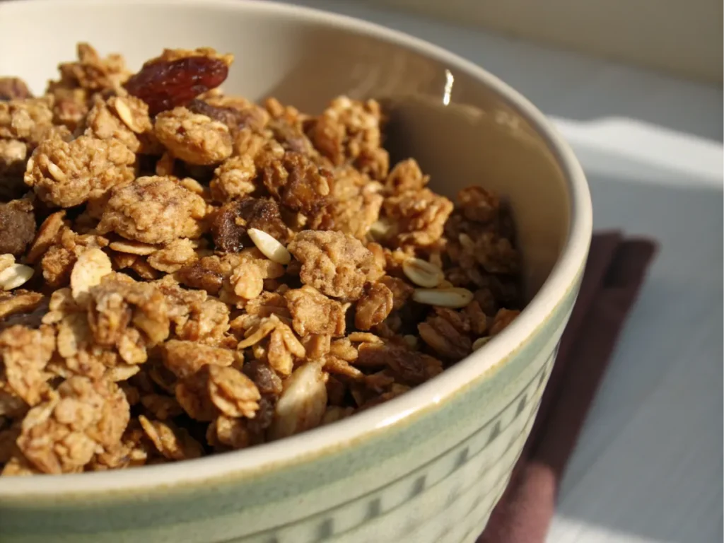 Crisp granola clusters in a ceramic bowl, highlighting the golden texture.