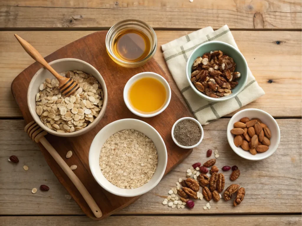 Flat-lay of ingredients, including oats, honey, and nuts, arranged on a rustic table.