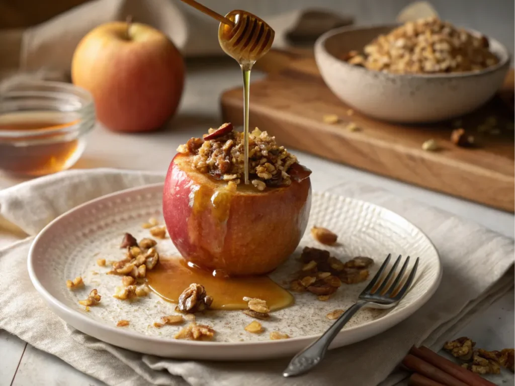 Baked apple topped with crunchy mix and drizzle.