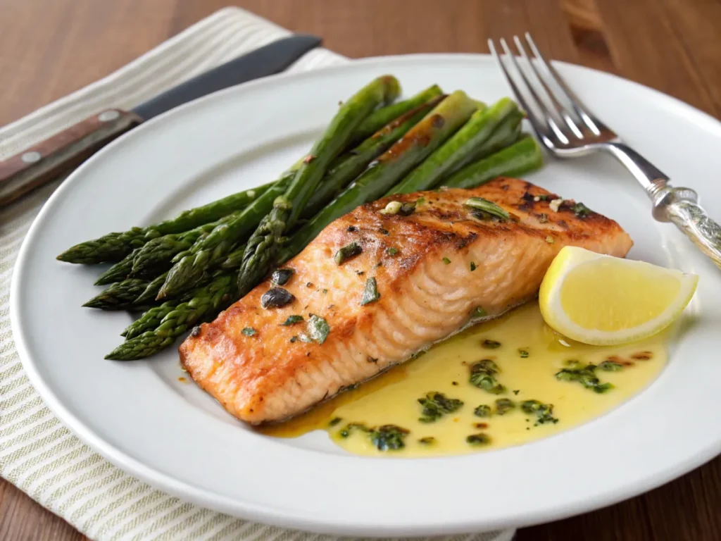 A grilled fillet plated with roasted asparagus and lemon butter sauce.