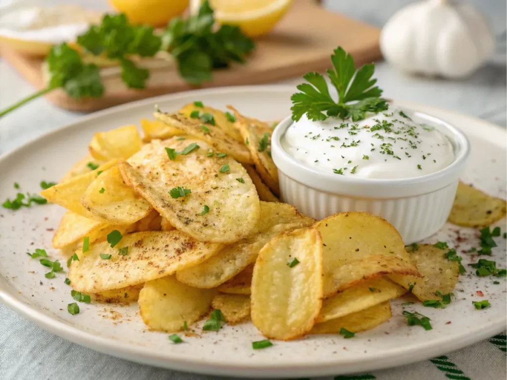 Air-fried potato chips with sour cream and onion seasoning.