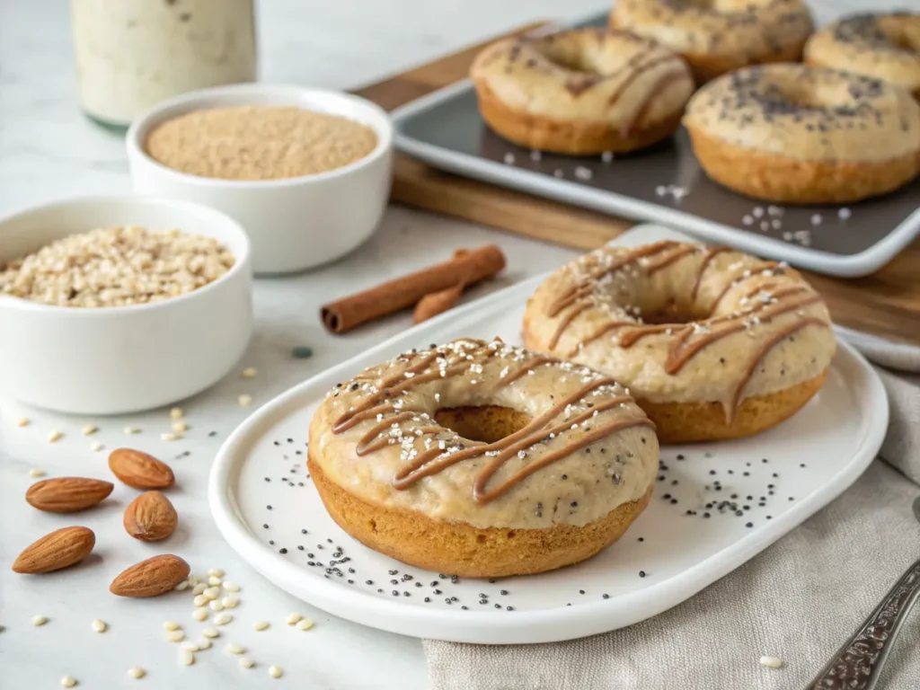 High-protein doughnuts alongside almond flour, whey protein, Greek yogurt, and almond butter, displayed on a counter.