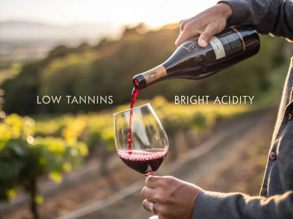 Sommelier pouring Pinot Noir into a glass with annotations for low tannins and bright acidity.