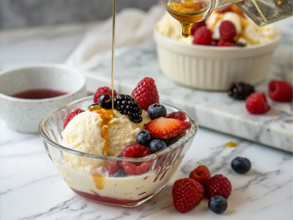 A dessert topped with berries and honey, served in a small glass dish on a marble countertop.