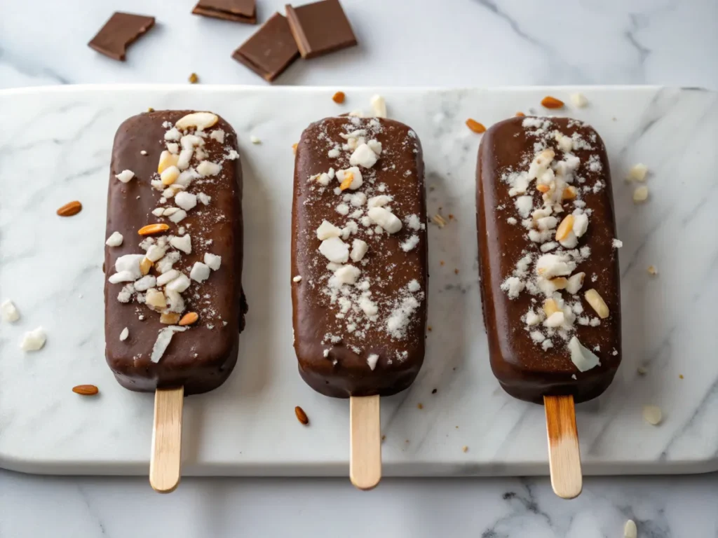 Three desserts dipped in sugar-free chocolate and topped with crushed almonds and coconut flakes.