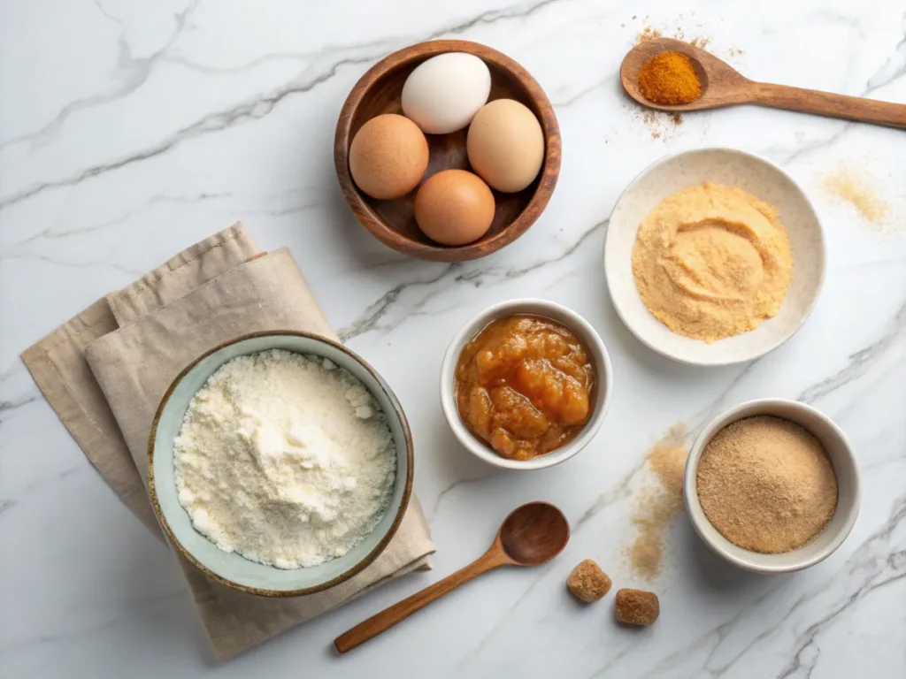 Flat-lay of almond flour, eggs, coconut sugar, and applesauce on a marble surface.