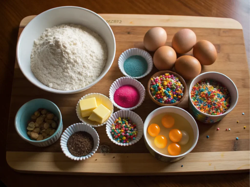 Ingredients for rubber duck cupcakes displayed on a wooden counter.