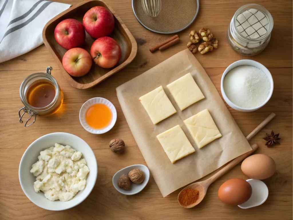 Ingredients for goat cheese and apple turnovers displayed on a wooden surface.