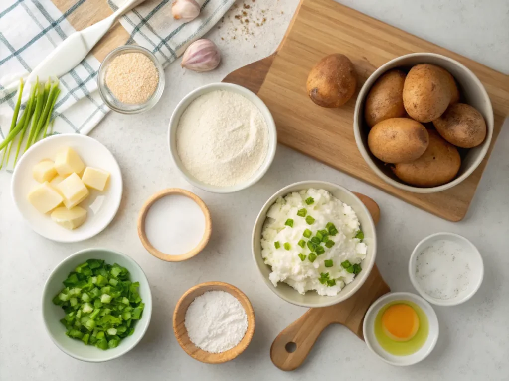 Ingredients for making sour cream and onion chips, including sliced potatoes and spices, displayed on a modern kitchen counter.