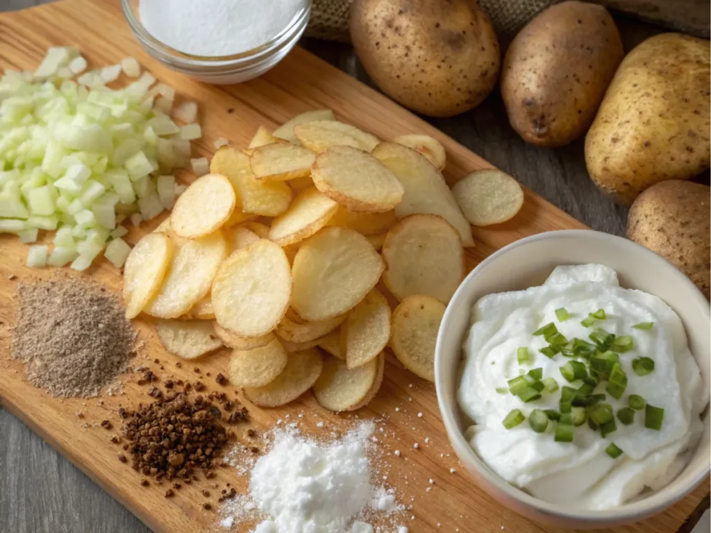 Ingredients including potatoes, seasonings, and spices.