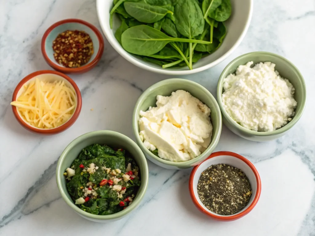 Ricotta, Parmesan, spinach, and spices in small ceramic bowls.