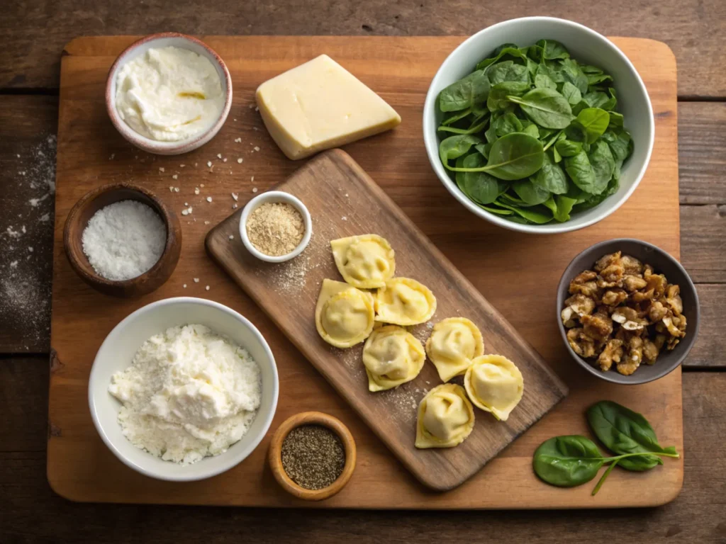 Ingredients for tortellini filling displayed on a wooden counter.