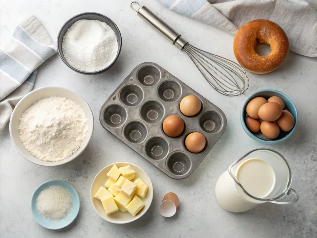 Traditional doughnut ingredients, including flour, sugar, butter, eggs, and milk, arranged on a kitchen countertop.