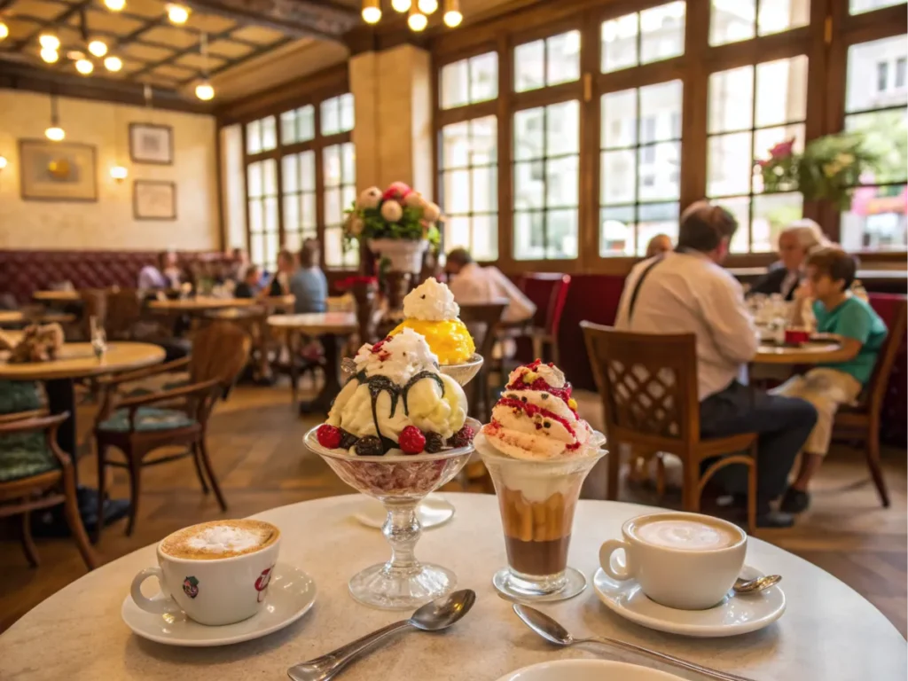 A cozy café interior with sundaes and coffee on wooden tables.