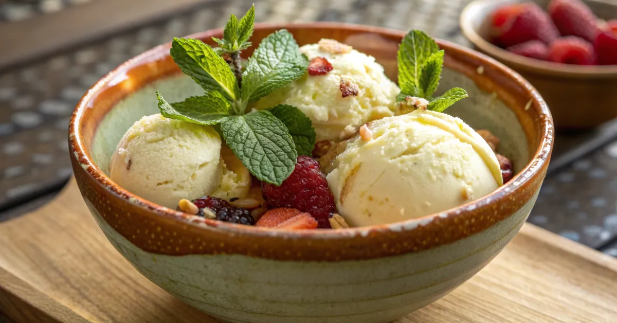 A close-up view of a serving of gelato, topped with fresh mint leaves and showcased in soft, natural lighting.