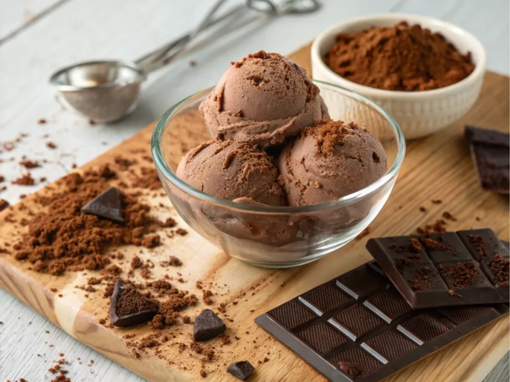 Chocolate scoops in a glass bowl with cocoa powder and chocolate chunks