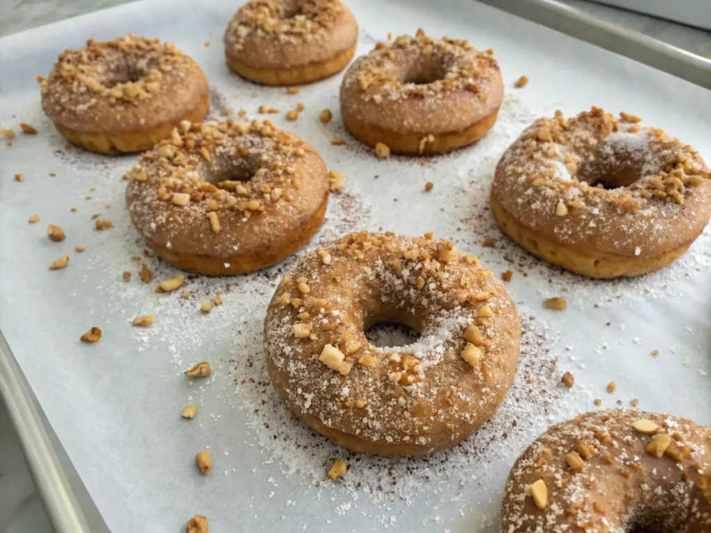 Keto-friendly donuts with nuts and powdered sweetener.