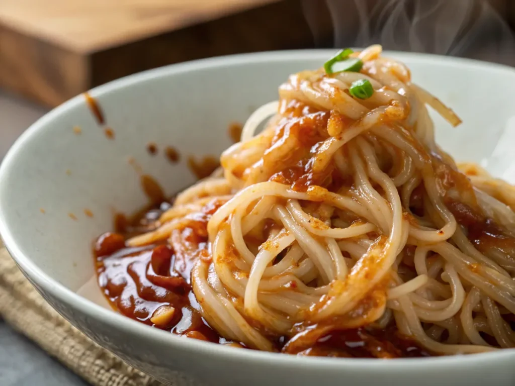 Shirataki noodles coated in sauce, steaming and glossy.