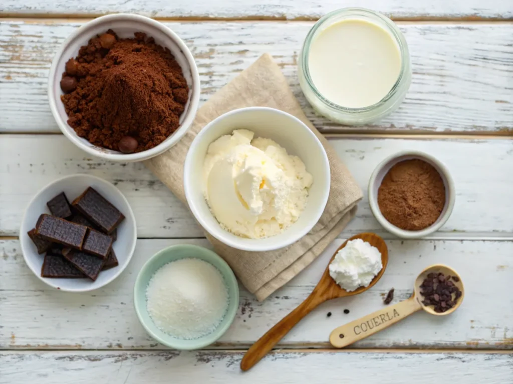 Ingredients for keto ice cream bars, including heavy cream, erythritol, cocoa powder, and vanilla extract.